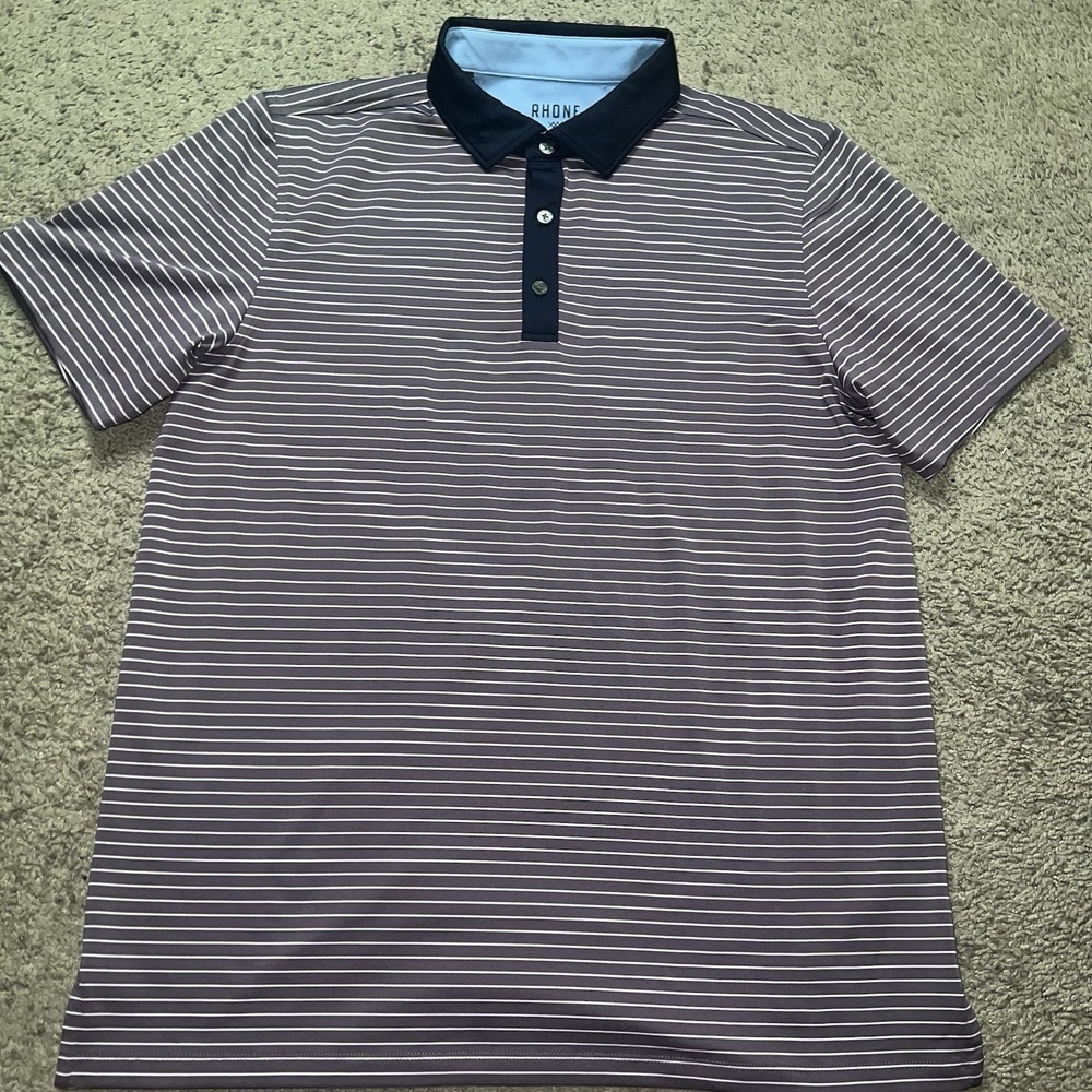 RHONE Golf Sport Polo Shirt Spread Collar Purple Stripe‎ Men Medium - Picture 2 of 6